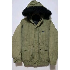 DC Shoes Full Zip‎ Fur Hooded Olive Green Plaid Snowboarding Jacket Ski Winter S